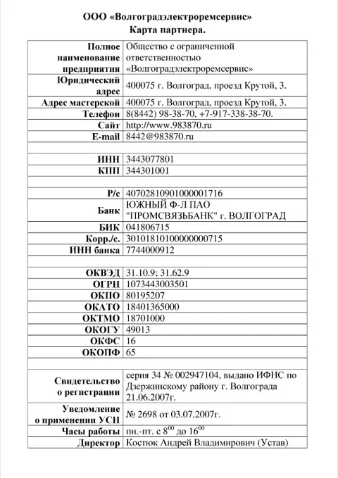 Карта партнёра ООО Волгоградэлектроремсервис